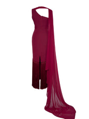 One-shoulder sheath dress with fringe hem and chiffon sash – RUBY