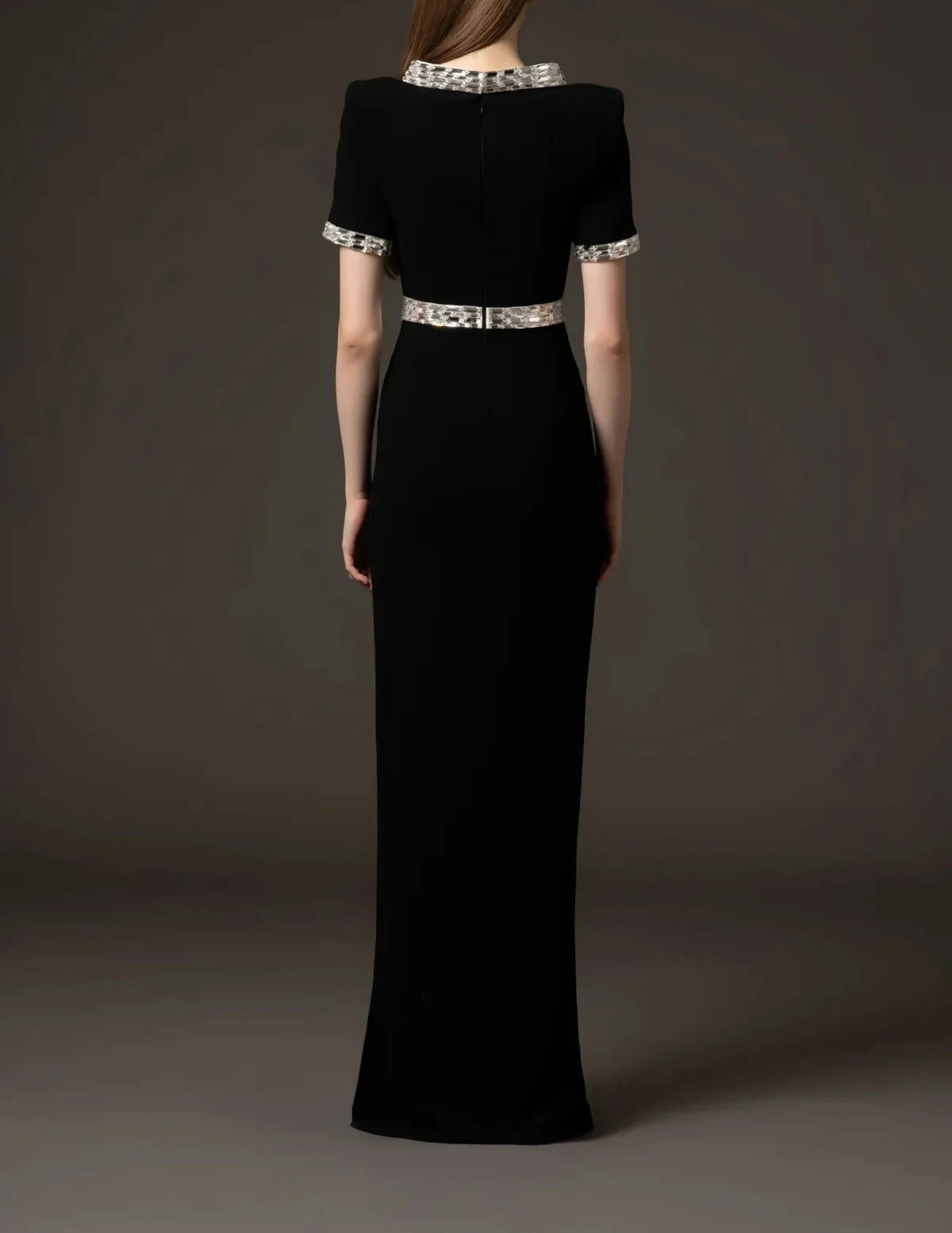 short-sleeve column dress with crystal belt trim – ASTVAR