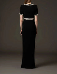 short-sleeve column dress with crystal belt trim – ASTVAR