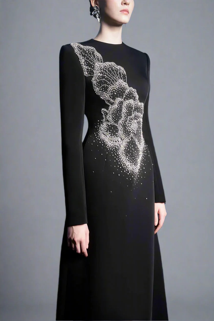 Long-Sleeve A-line Dress with Beaded Floral Accents - BLOSSOM
