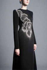 Long-Sleeve A-line Dress with Beaded Floral Accents - BLOSSOM