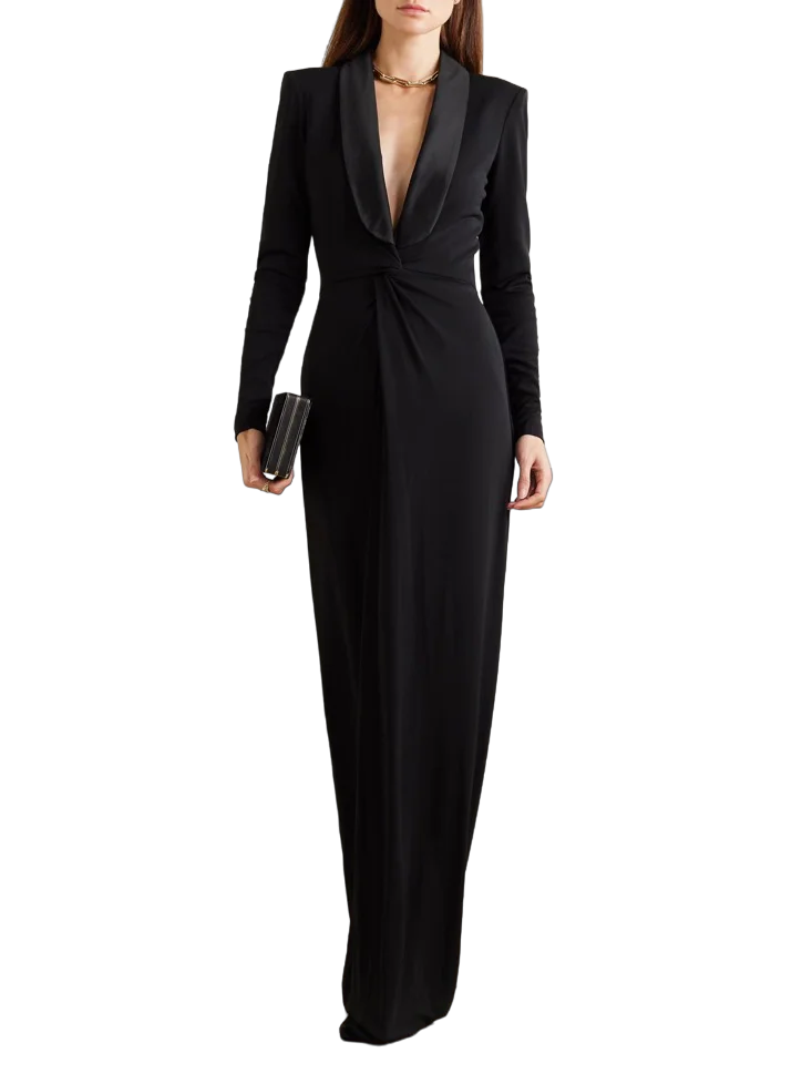 Plunging tuxedo gown with gathered waist – Zaydee