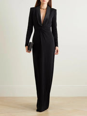 Plunging tuxedo gown with gathered waist – Zaydee