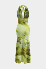 Tie Dye Print Backless Cowl Neck Maxi Dress
