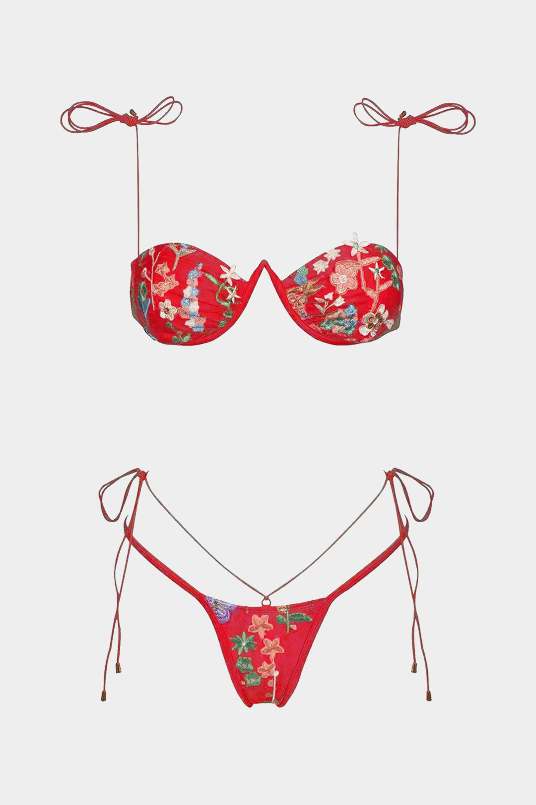 Mesh Embroidery Ruched Tie Up Bikini Set