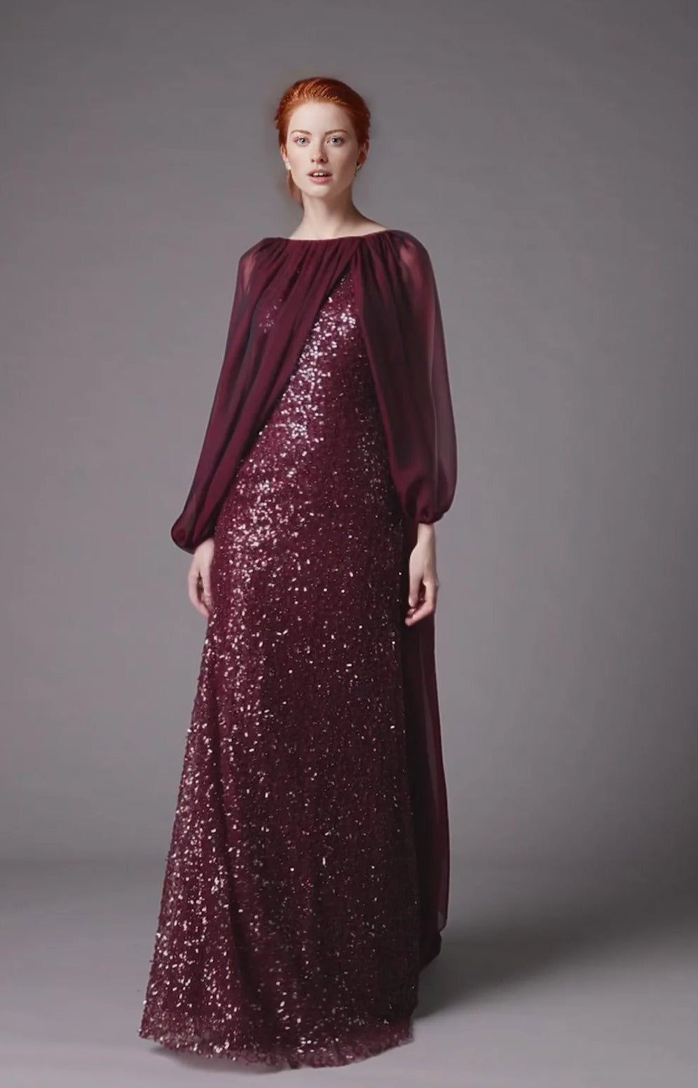 Sequined gown with chiffon cape overlay – Norin