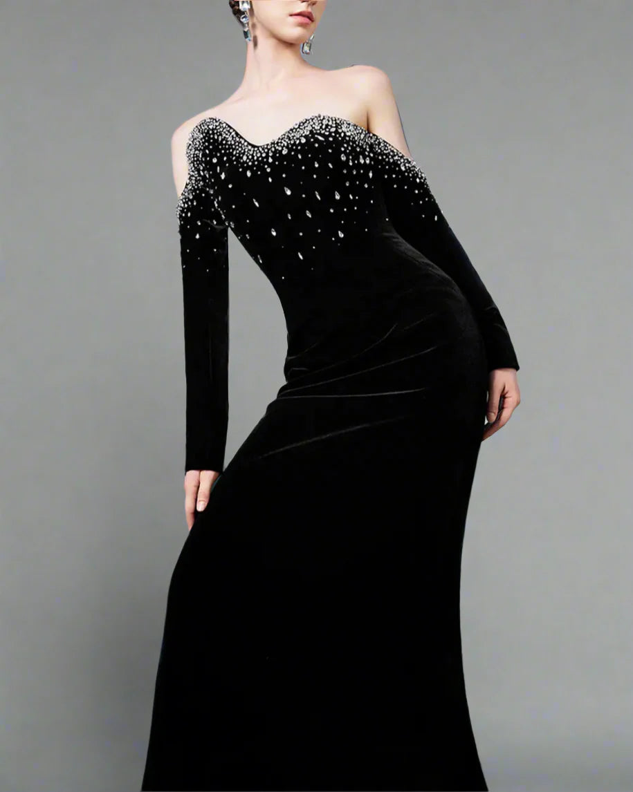 Long-Sleeve Column Dress with Crystal Embellishments - Marilyn