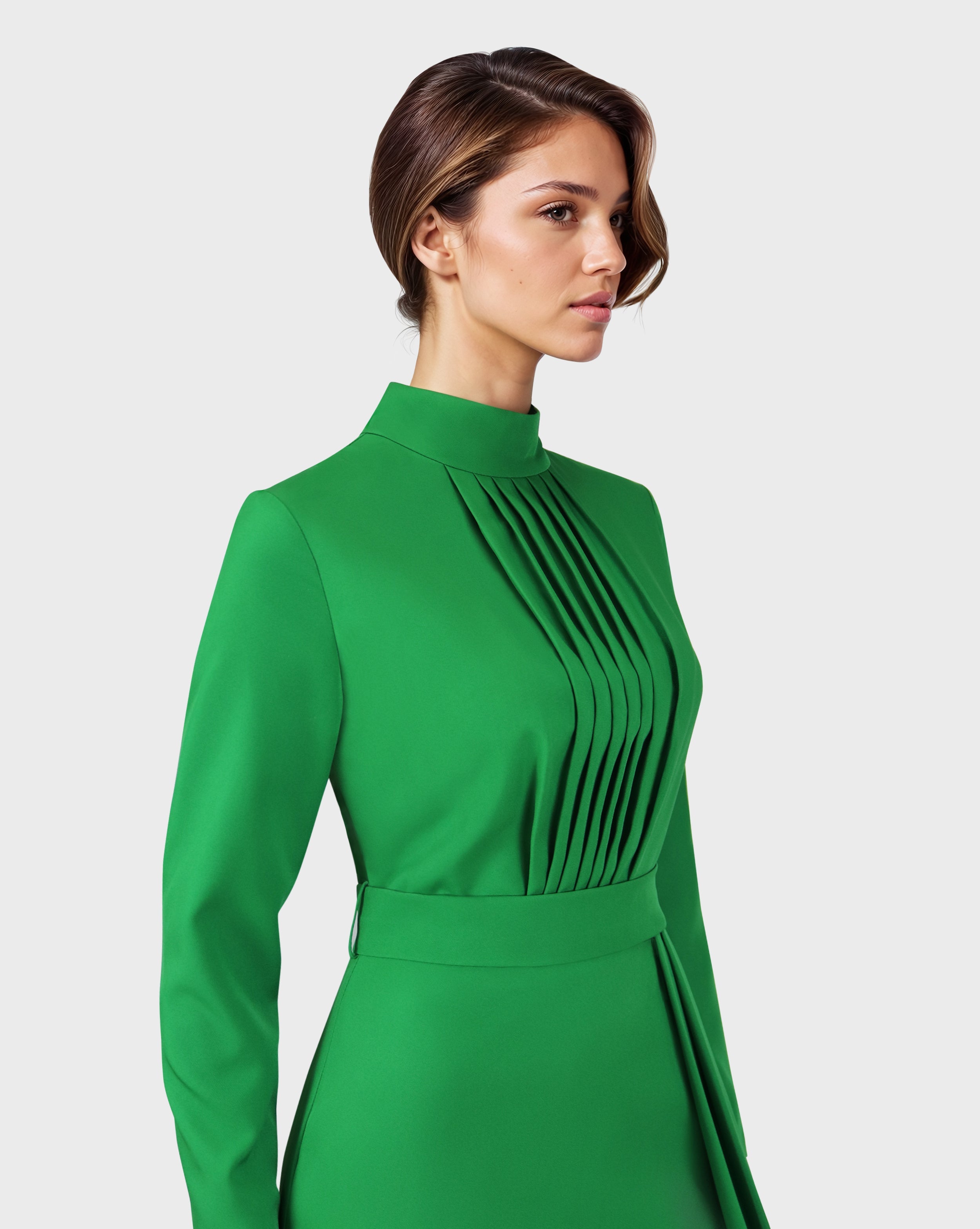 Pleated chest with long sleeves green dress-Govan