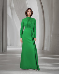 Pleated chest with long sleeves green dress-Govan