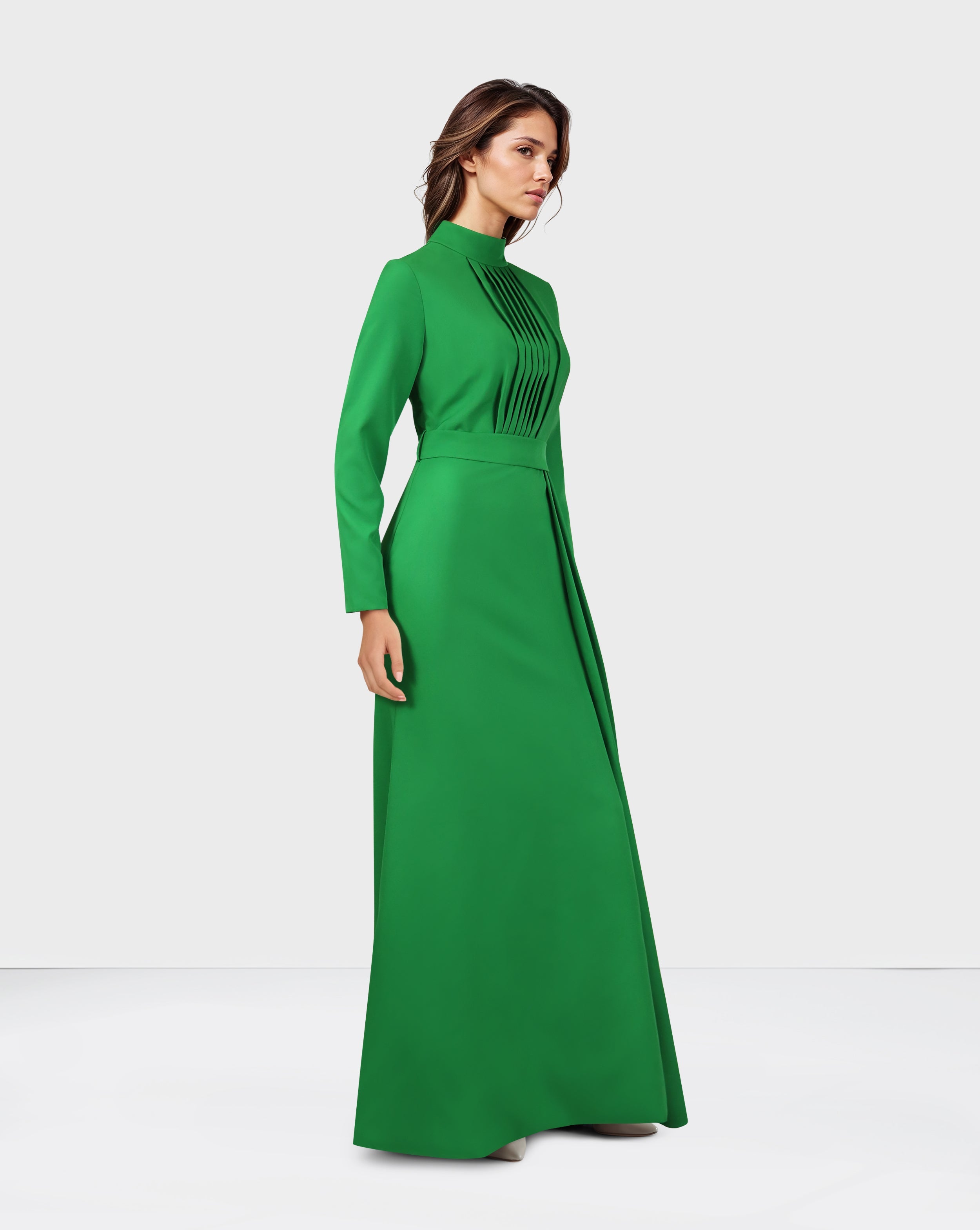 Pleated chest with long sleeves green dress-Govan