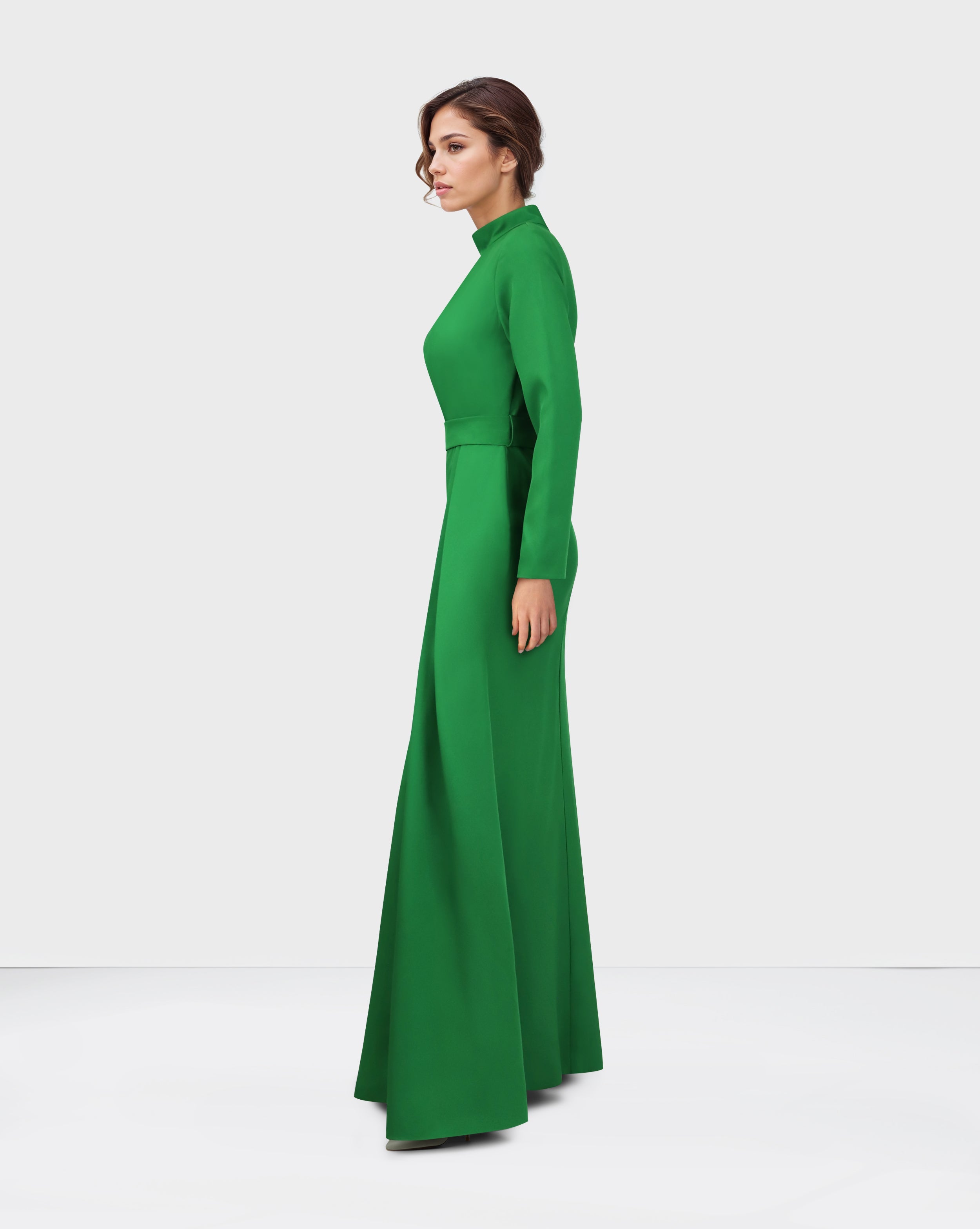 Pleated chest with long sleeves green dress-Govan