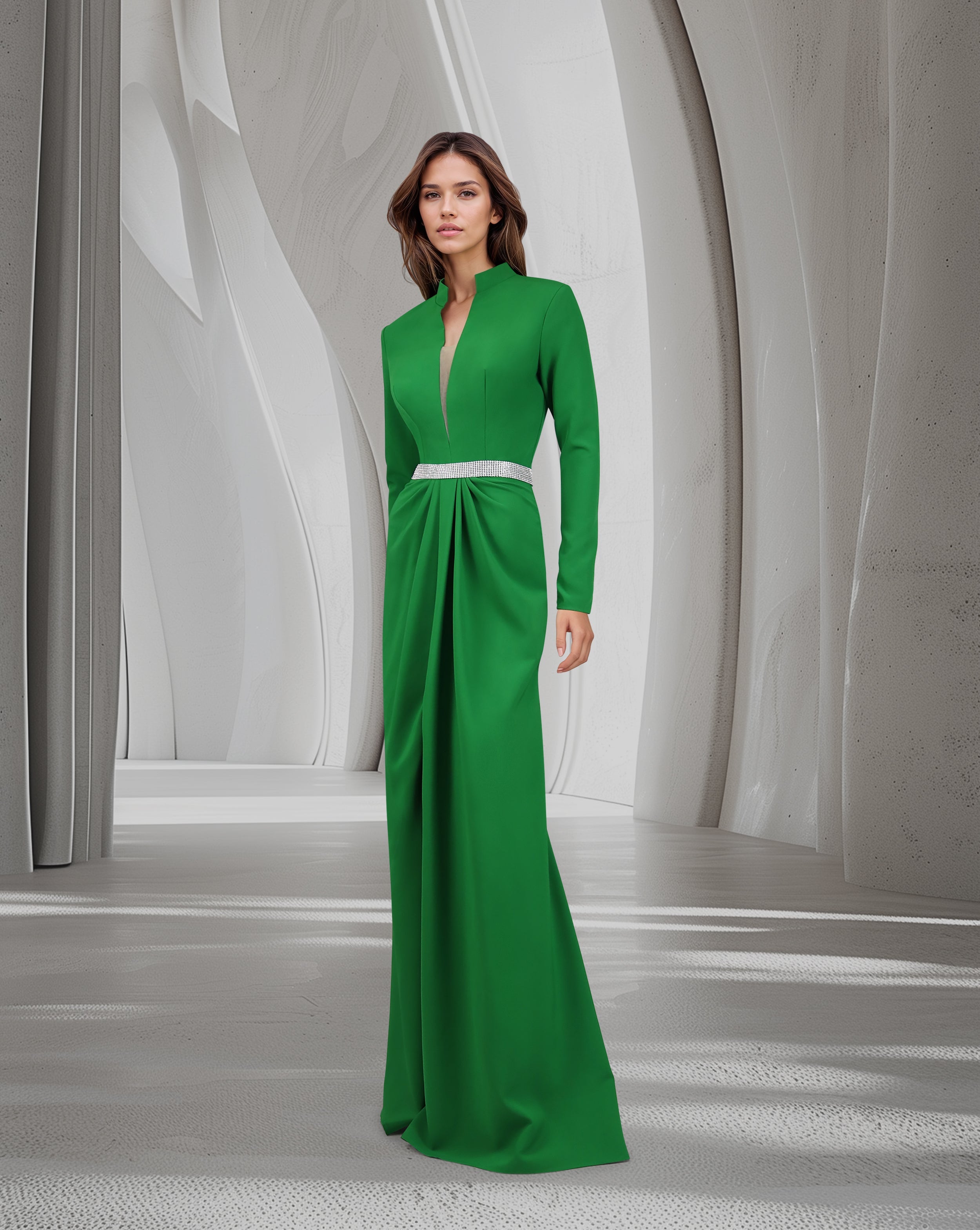 V-neckline draped dress with long sleeves