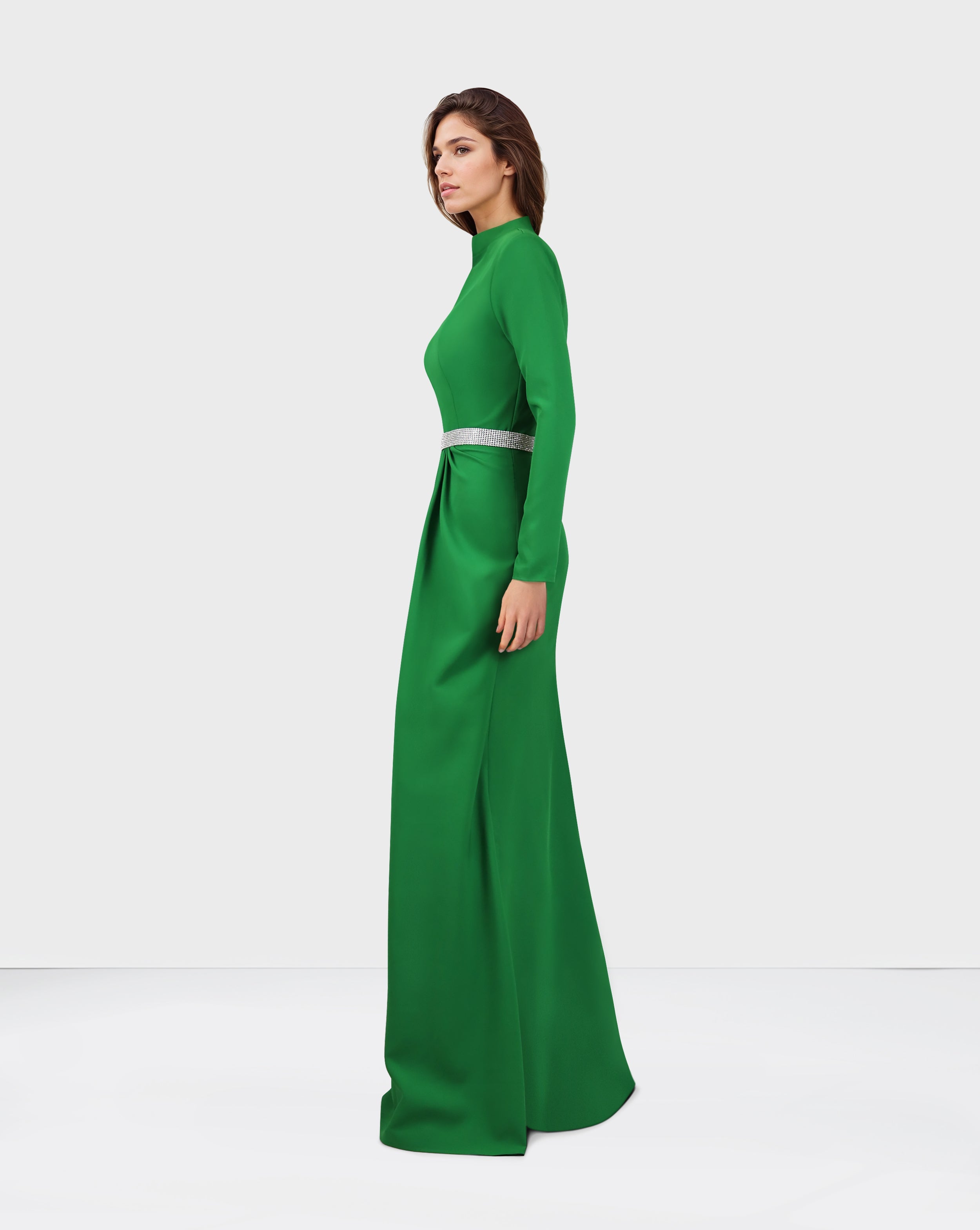 V-neckline draped dress with long sleeves