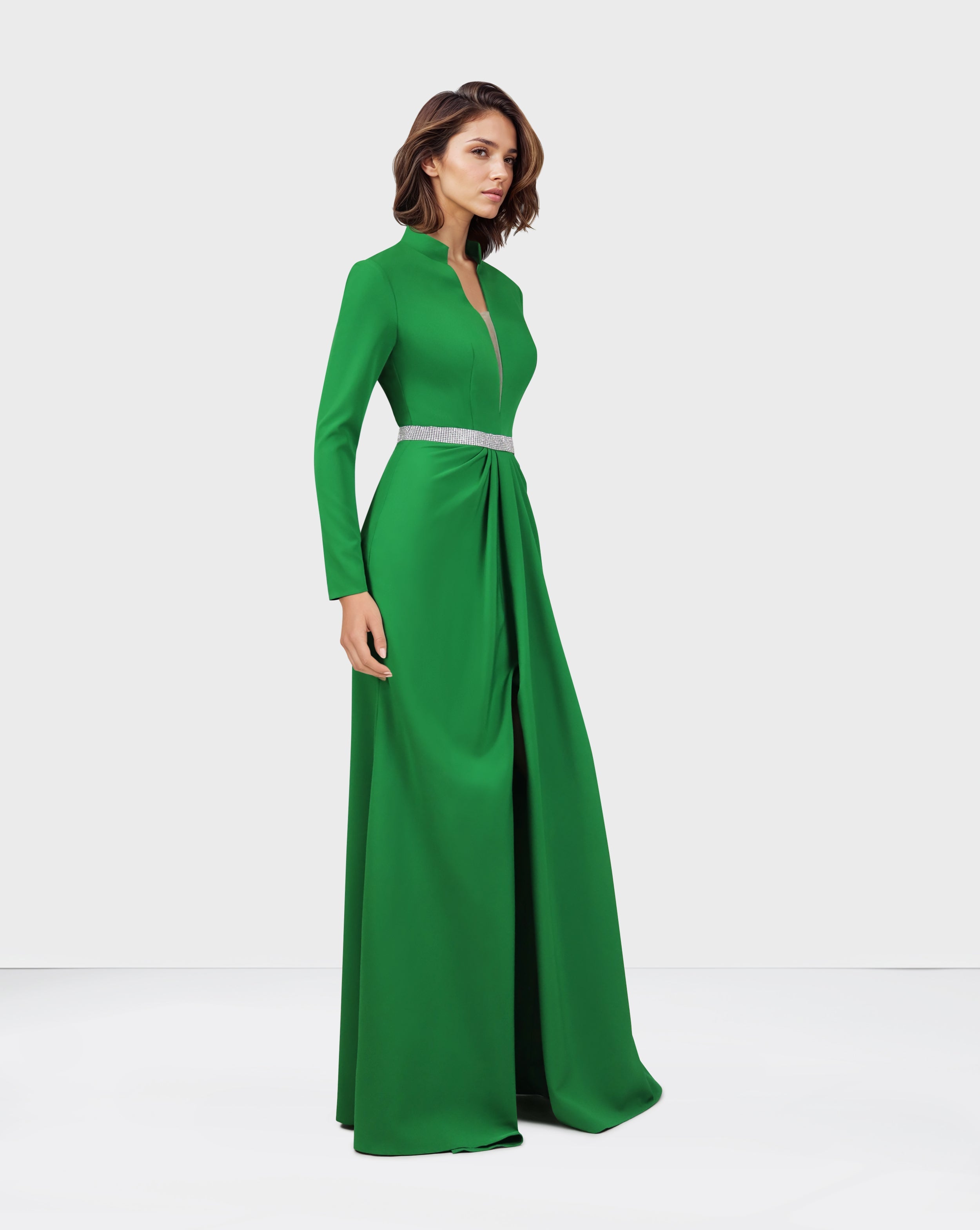 V-neckline draped dress with long sleeves