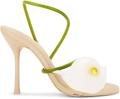 nude stiletto heels with white lily appliqué and green straps – BLOIMA