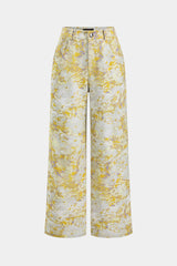 Abstract Print Denim Button Pocket Wide Leg Trousers