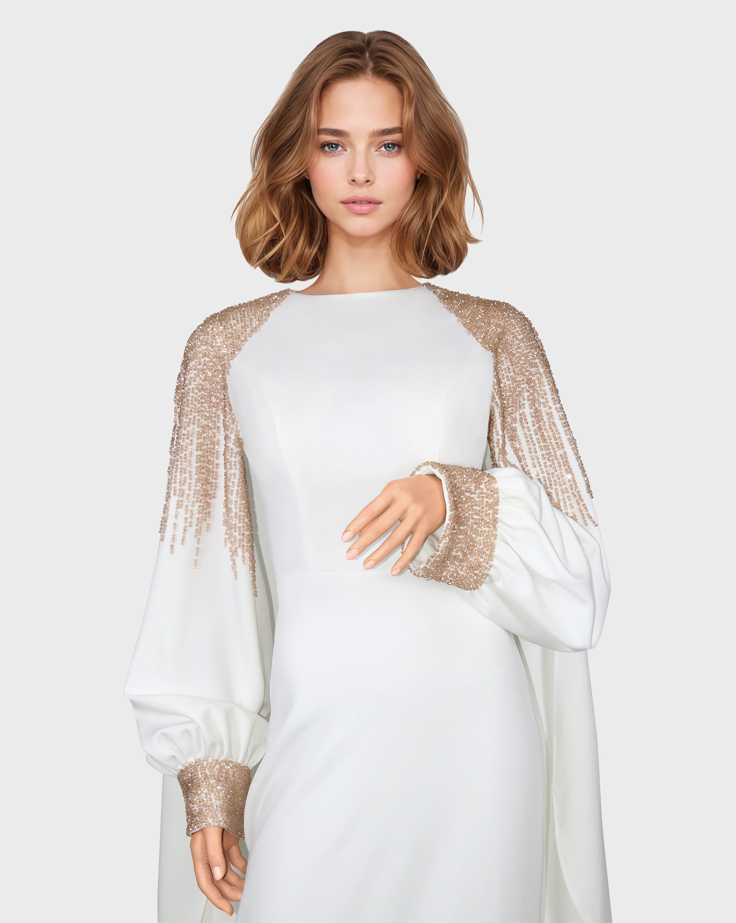 Beaded shoulders and cuffs dress with back cape-Nelda