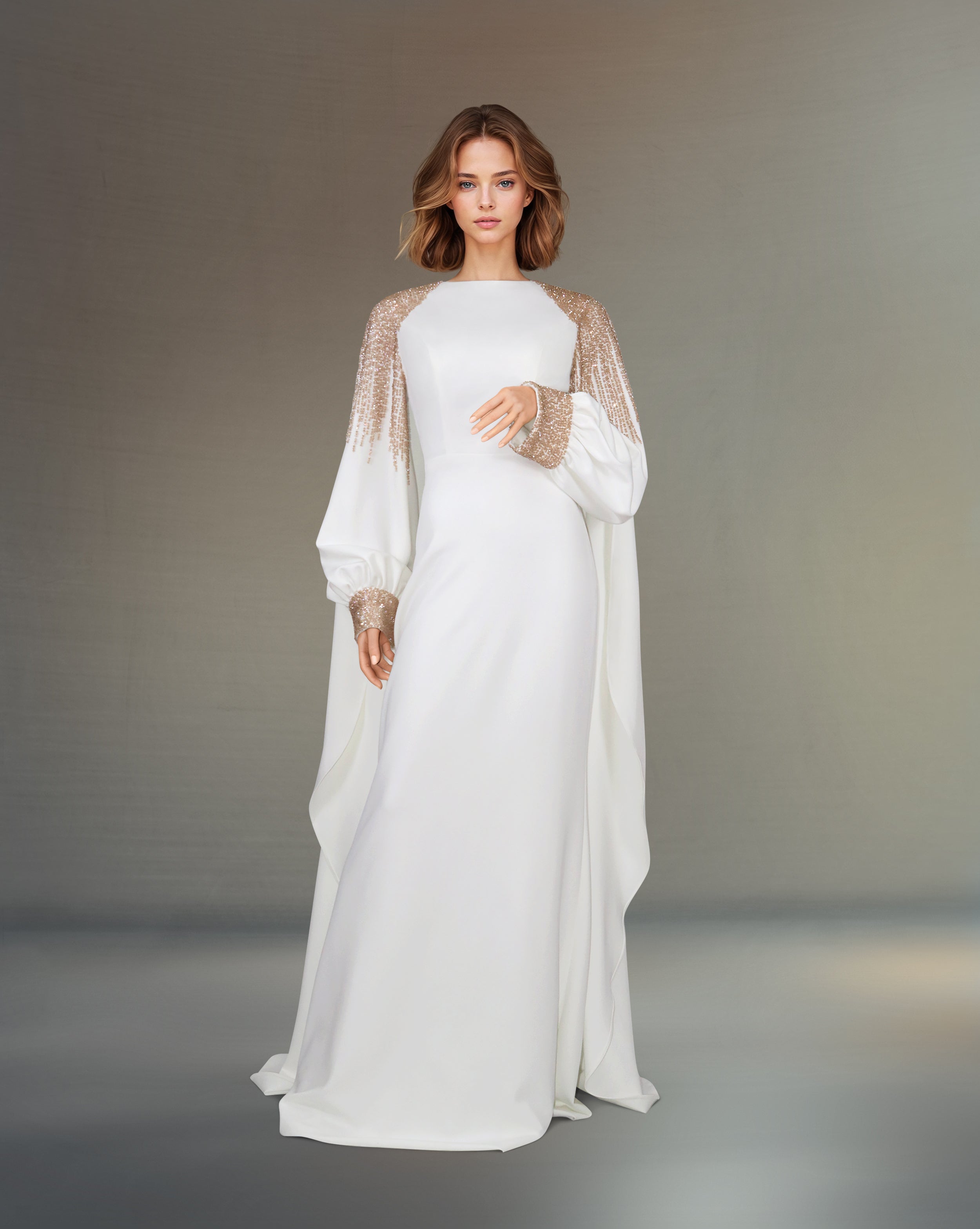 Beaded shoulders and cuffs dress with back cape-Nelda