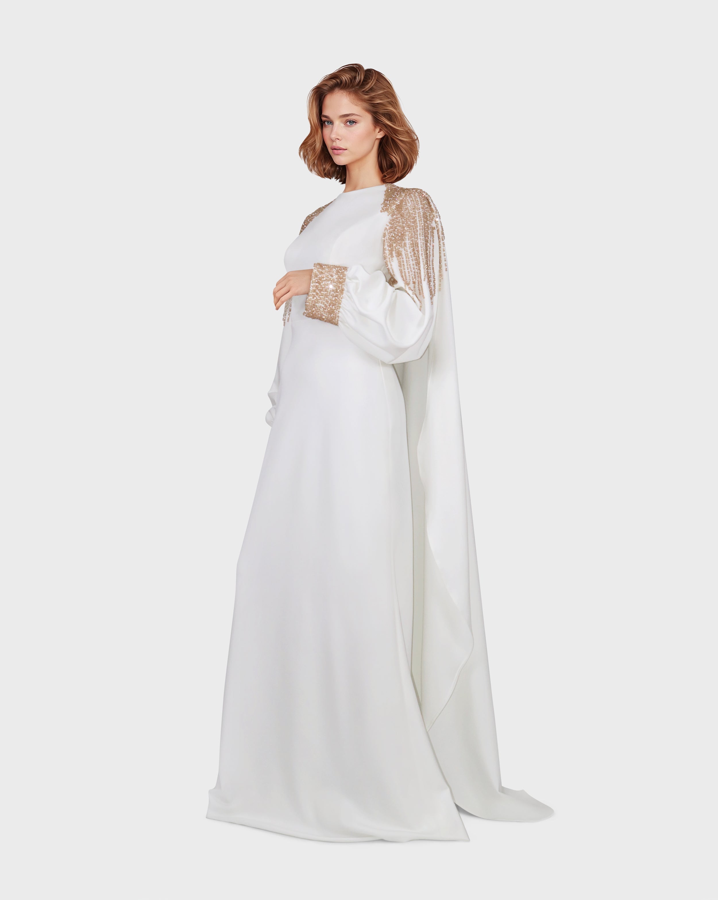 Beaded shoulders and cuffs dress with back cape-Nelda