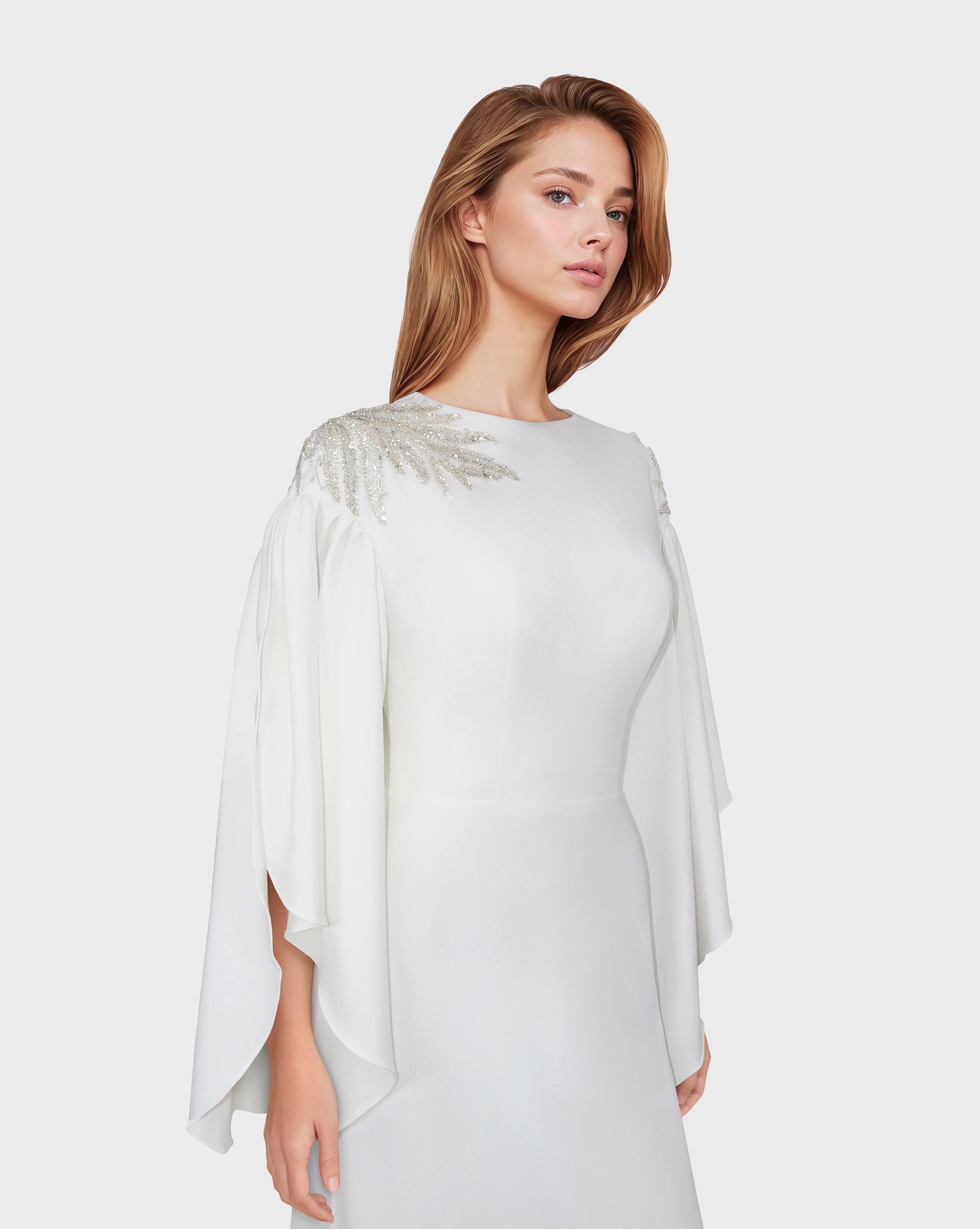 White column dress with ruffled sleeves and sequined shoulders