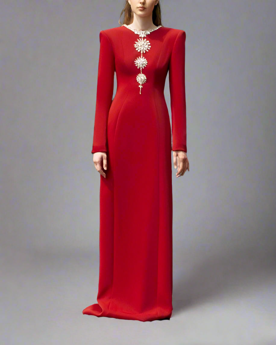 Long-sleeve column dress with crystal embellishments - Ashley