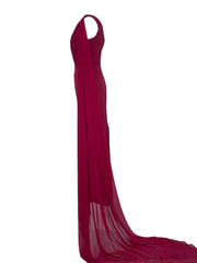 One-shoulder sheath dress with fringe hem and chiffon sash – RUBY