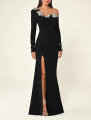 One-sleeve column dress with floral appliqué and front slit – NOIR BELLA