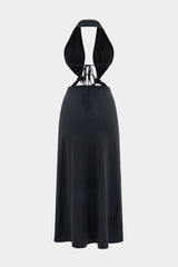 Halter V-Neck Metalic Decor Backless Sleeveless Midi Dress