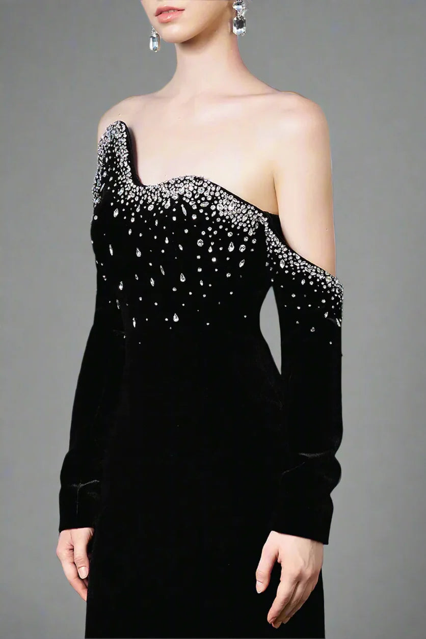 Long-Sleeve Column Dress with Crystal Embellishments - Marilyn