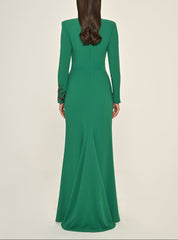 Long-sleeve column dress with draped neckline and beaded inset – EMELAR