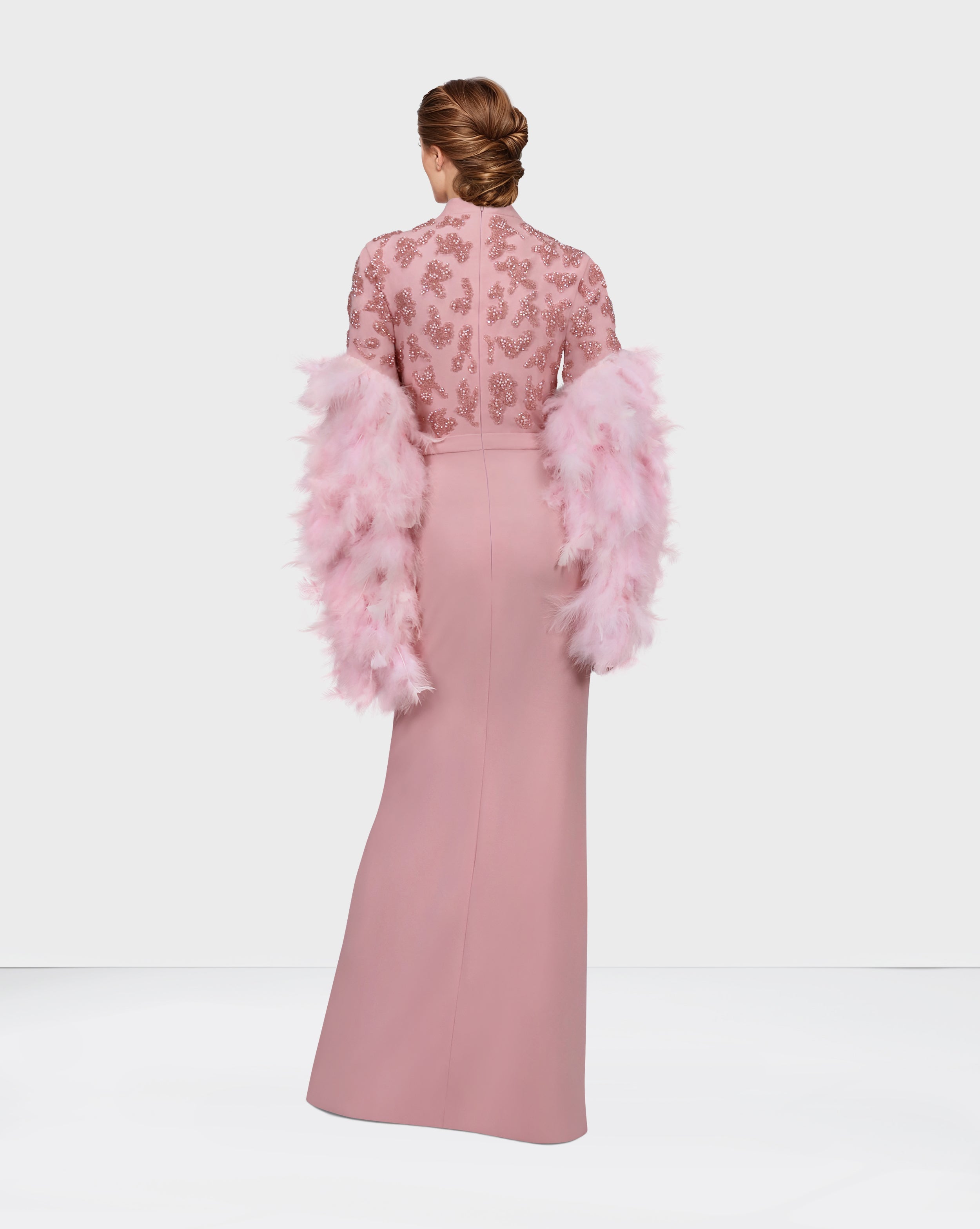 Beaded column dress with feather sleeves-Satchel