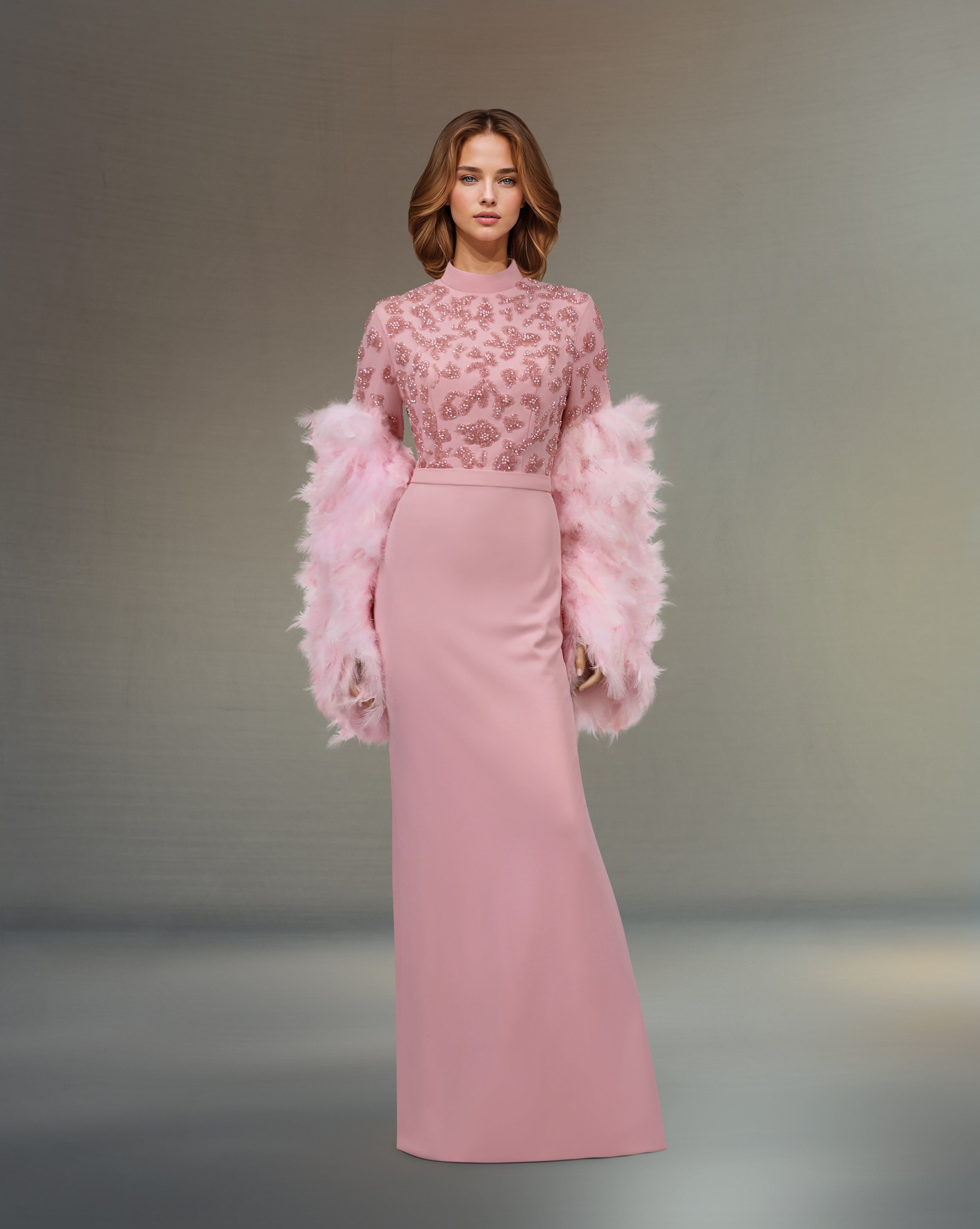 Beaded column dress with feather sleeves-Satchel