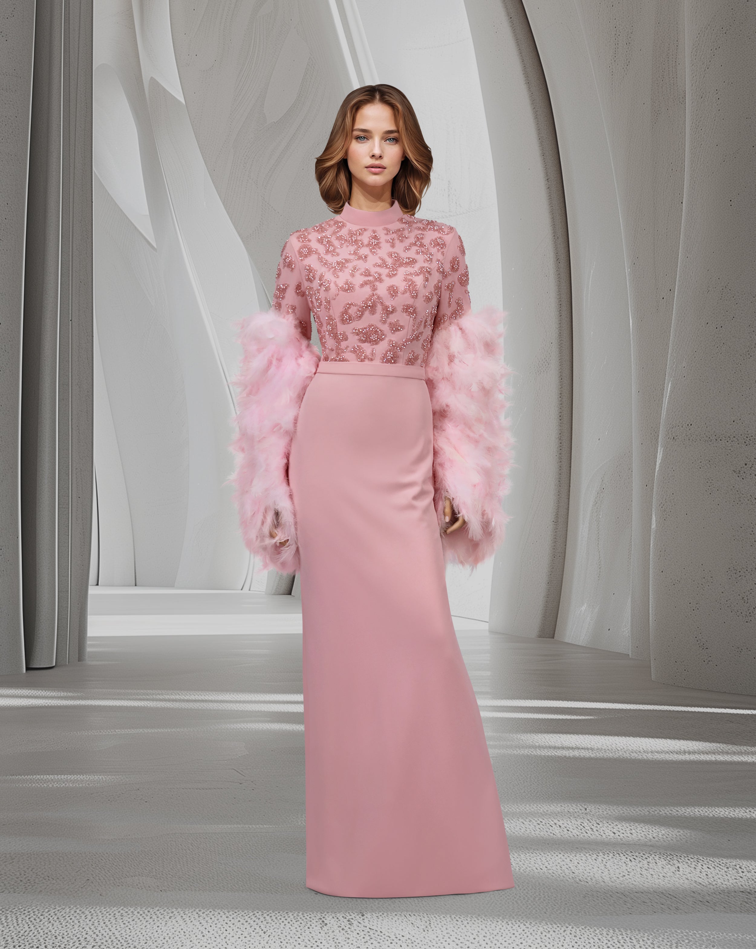 Beaded column dress with feather sleeves-Satchel