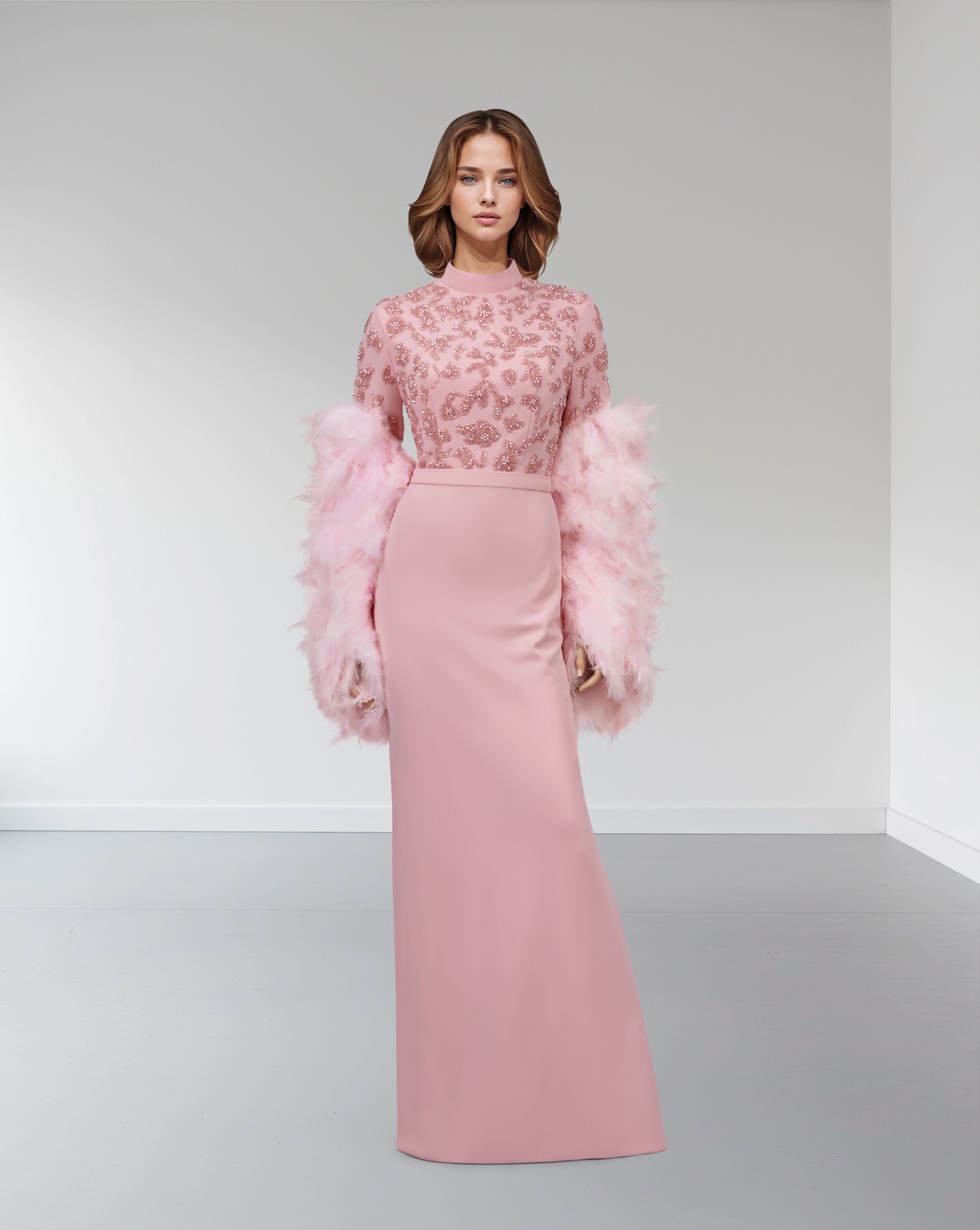 Beaded column dress with feather sleeves-Satchel
