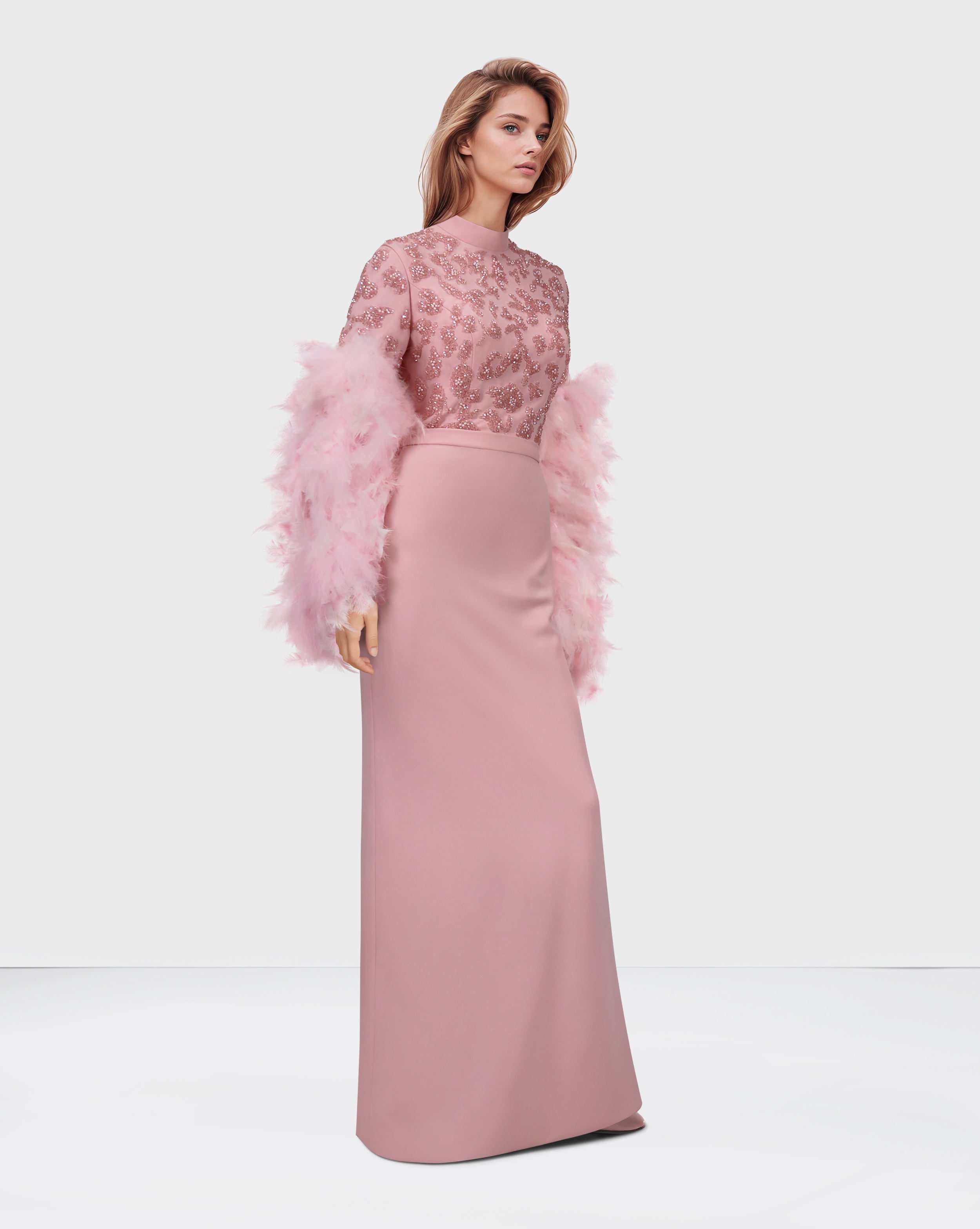 Beaded column dress with feather sleeves-Satchel