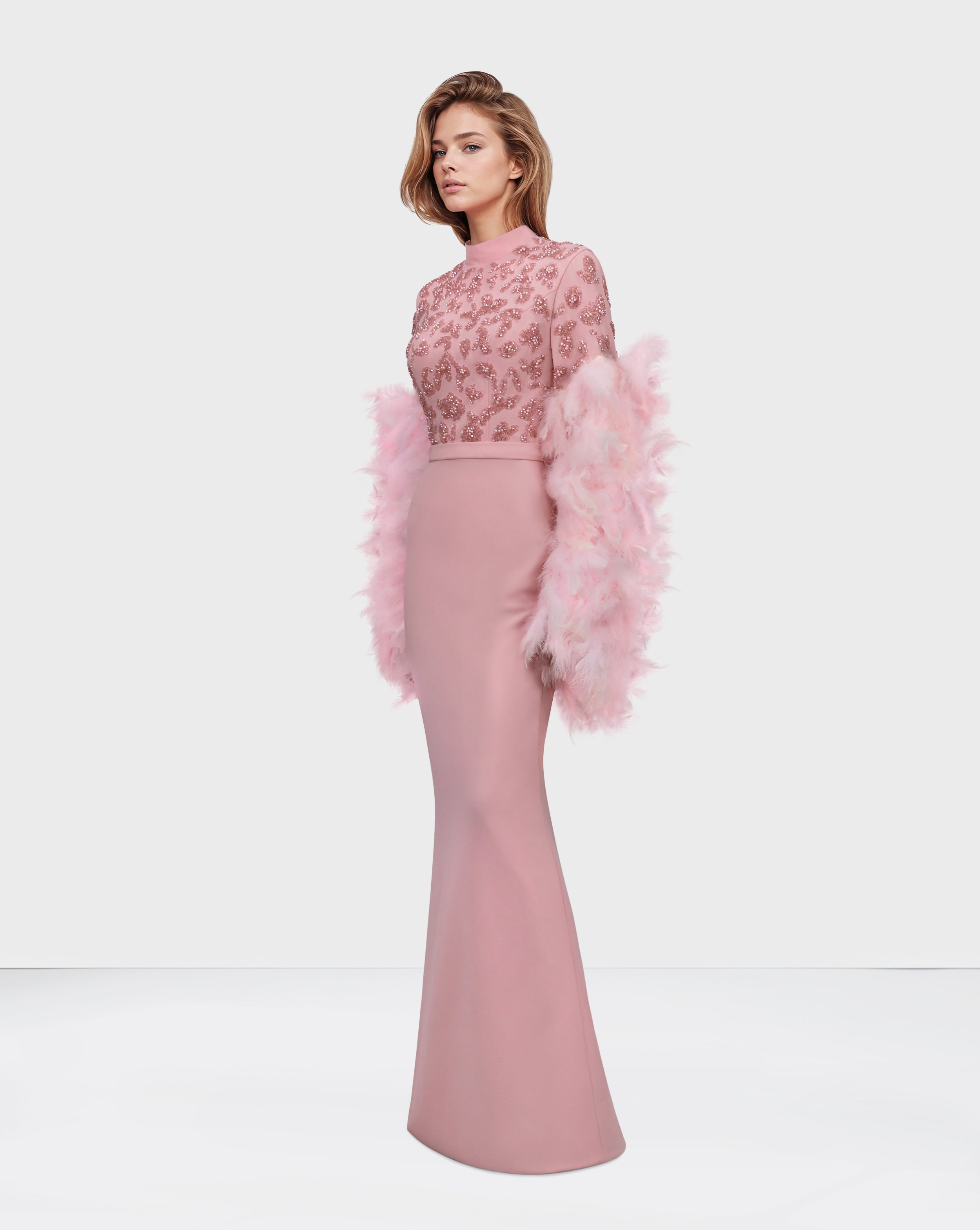 Beaded column dress with feather sleeves-Satchel