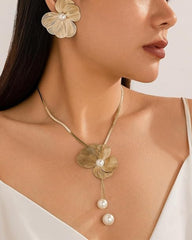 Flower petal necklace with dangling pearl accents and earrings - Furwi