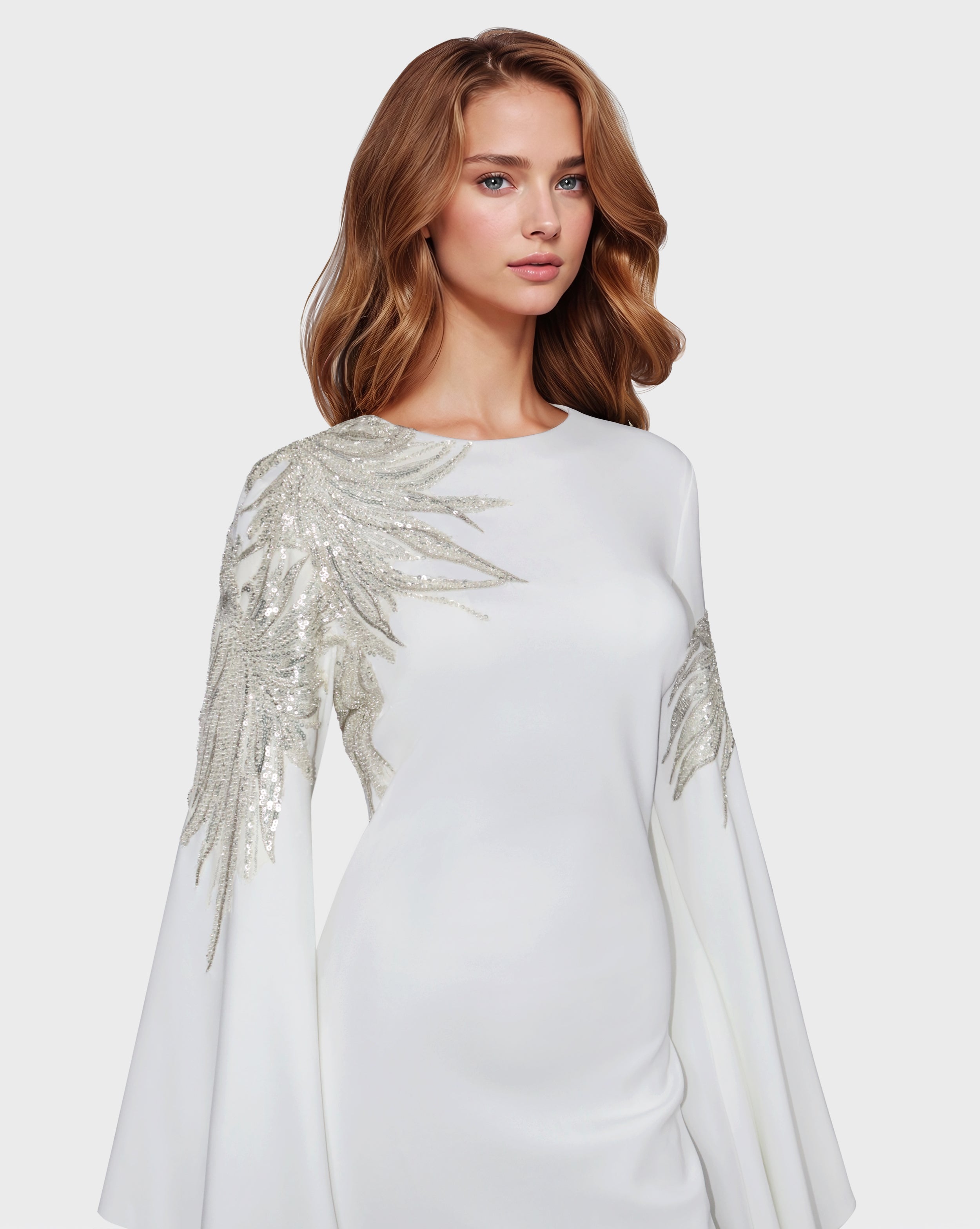 Sequined white dress with floor-length sleeves