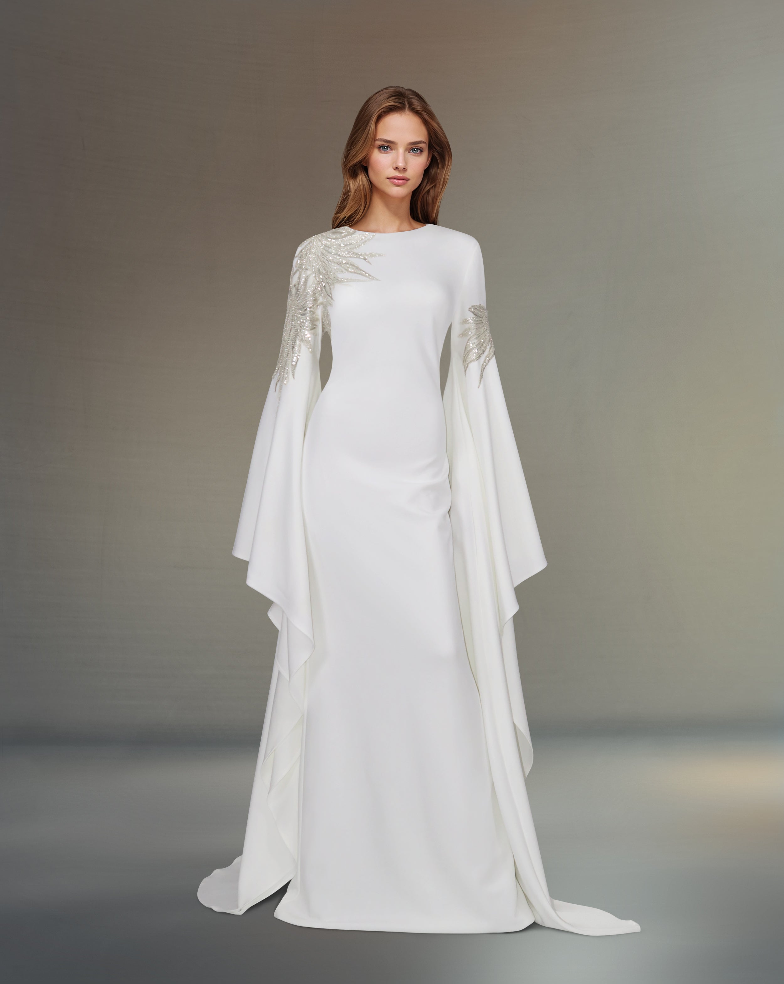 Sequined white dress with floor-length sleeves