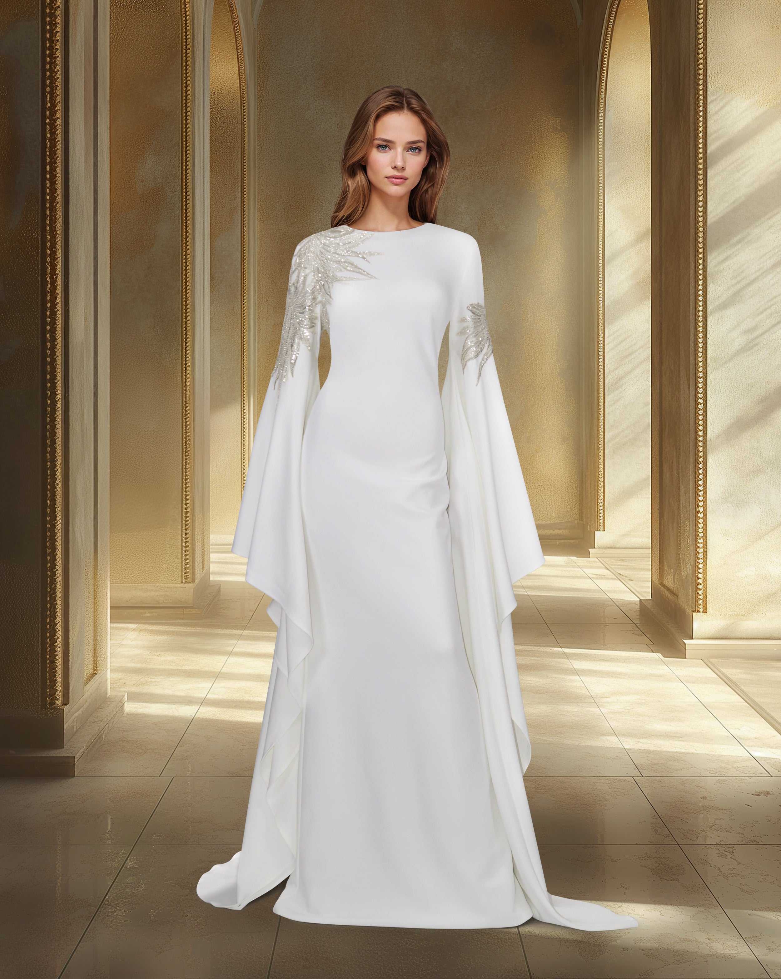 Sequined white dress with floor-length sleeves
