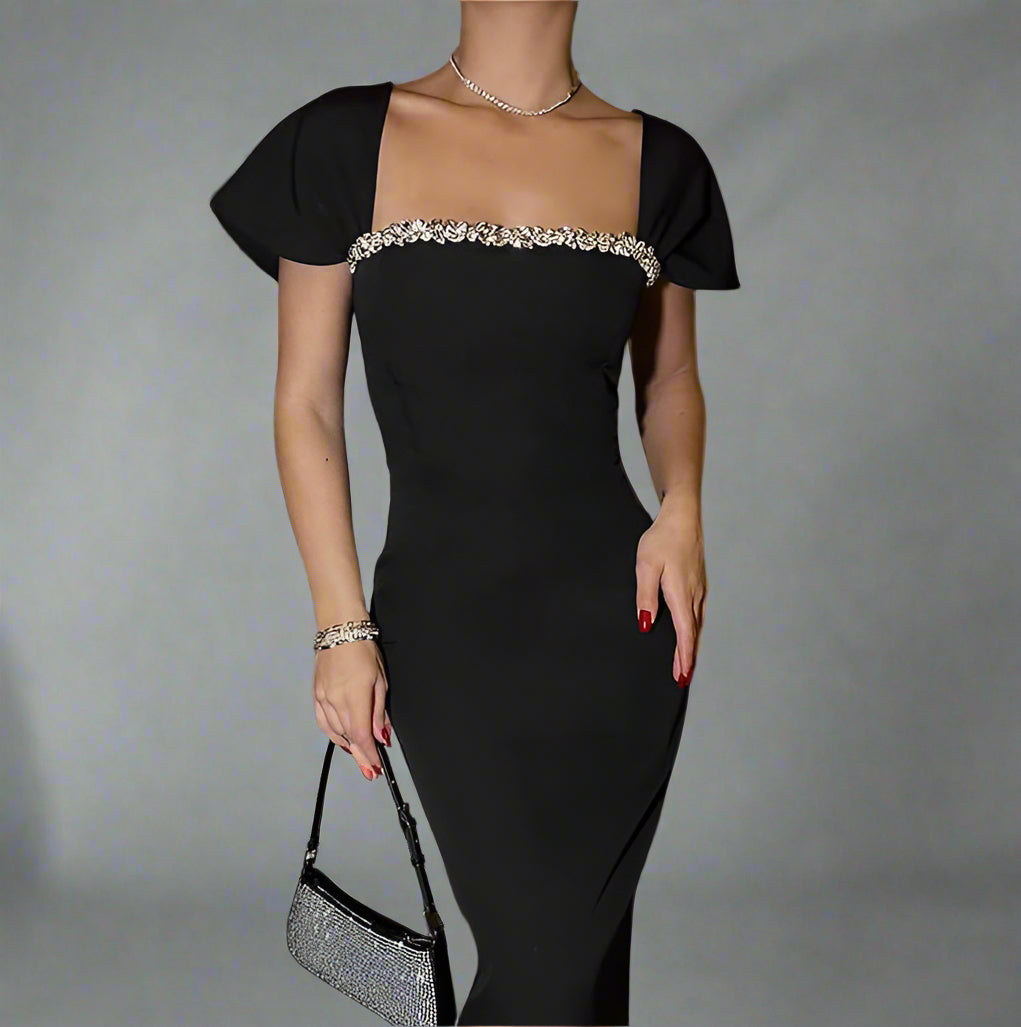 Cap sleeve fitted gown with embellished neckline – Malad