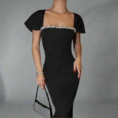 Cap sleeve fitted gown with embellished neckline – Malad