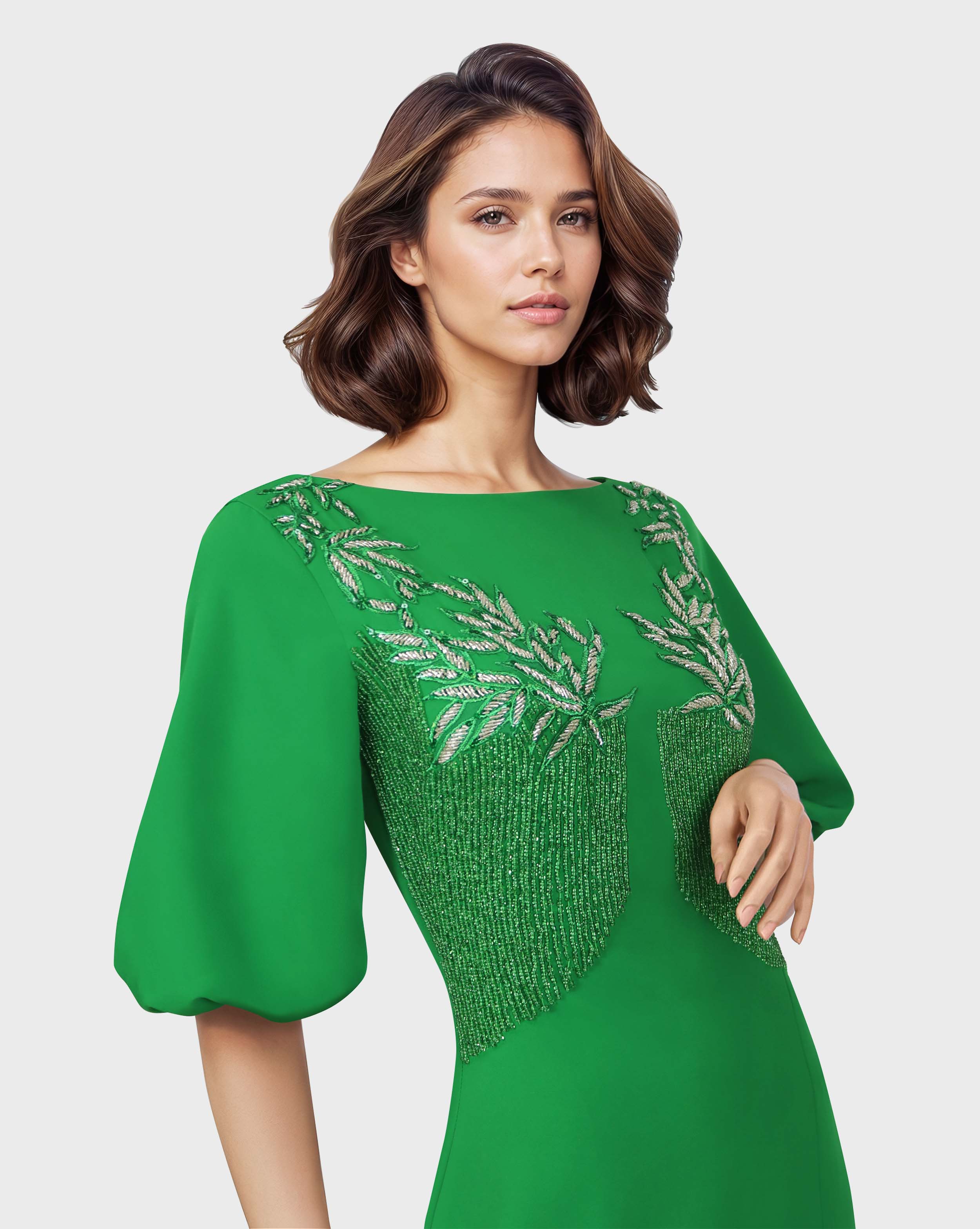 ⁠Beaded column dress with puffed sleeves and side slit
