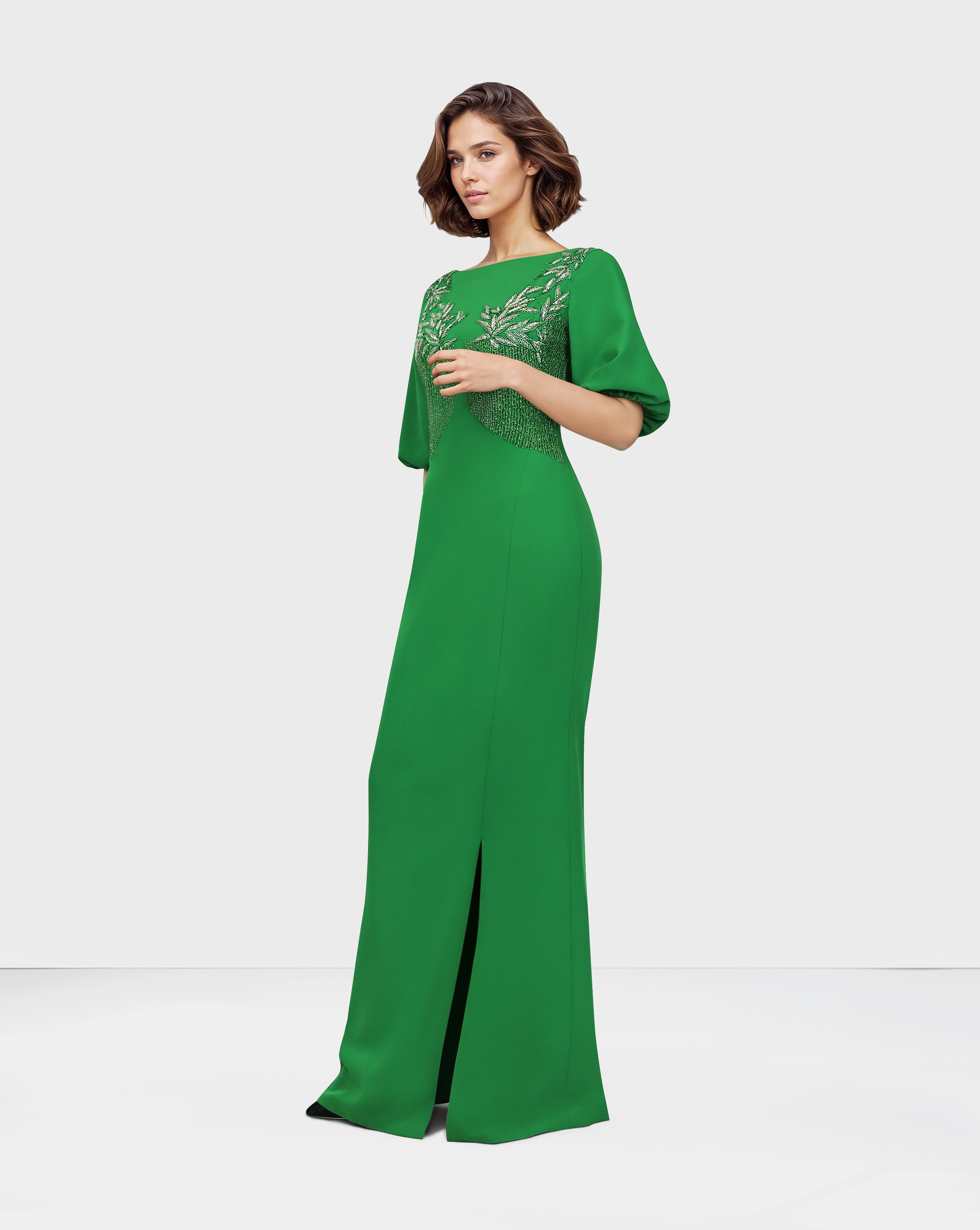 ⁠Beaded column dress with puffed sleeves and side slit