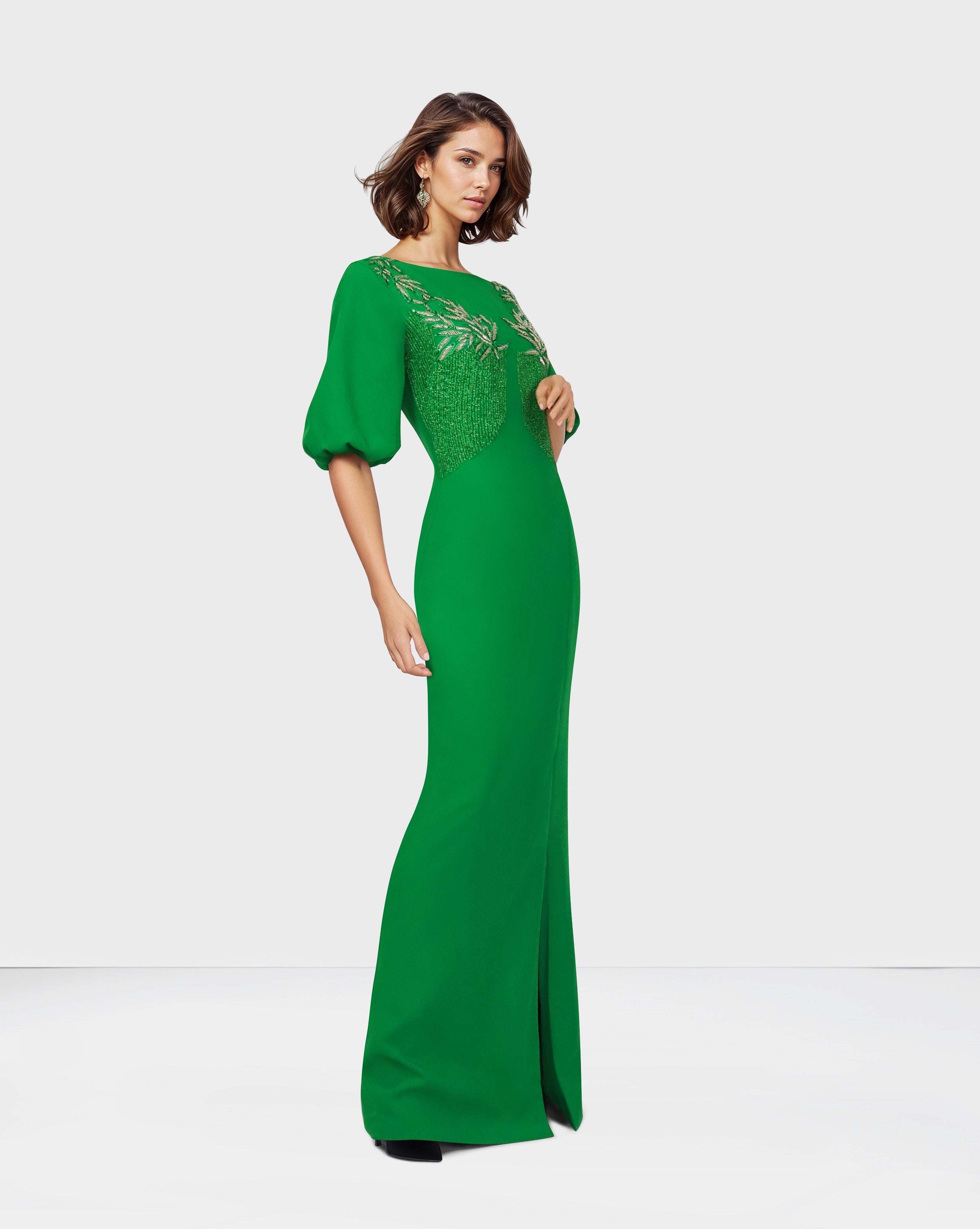 ⁠Beaded column dress with puffed sleeves and side slit
