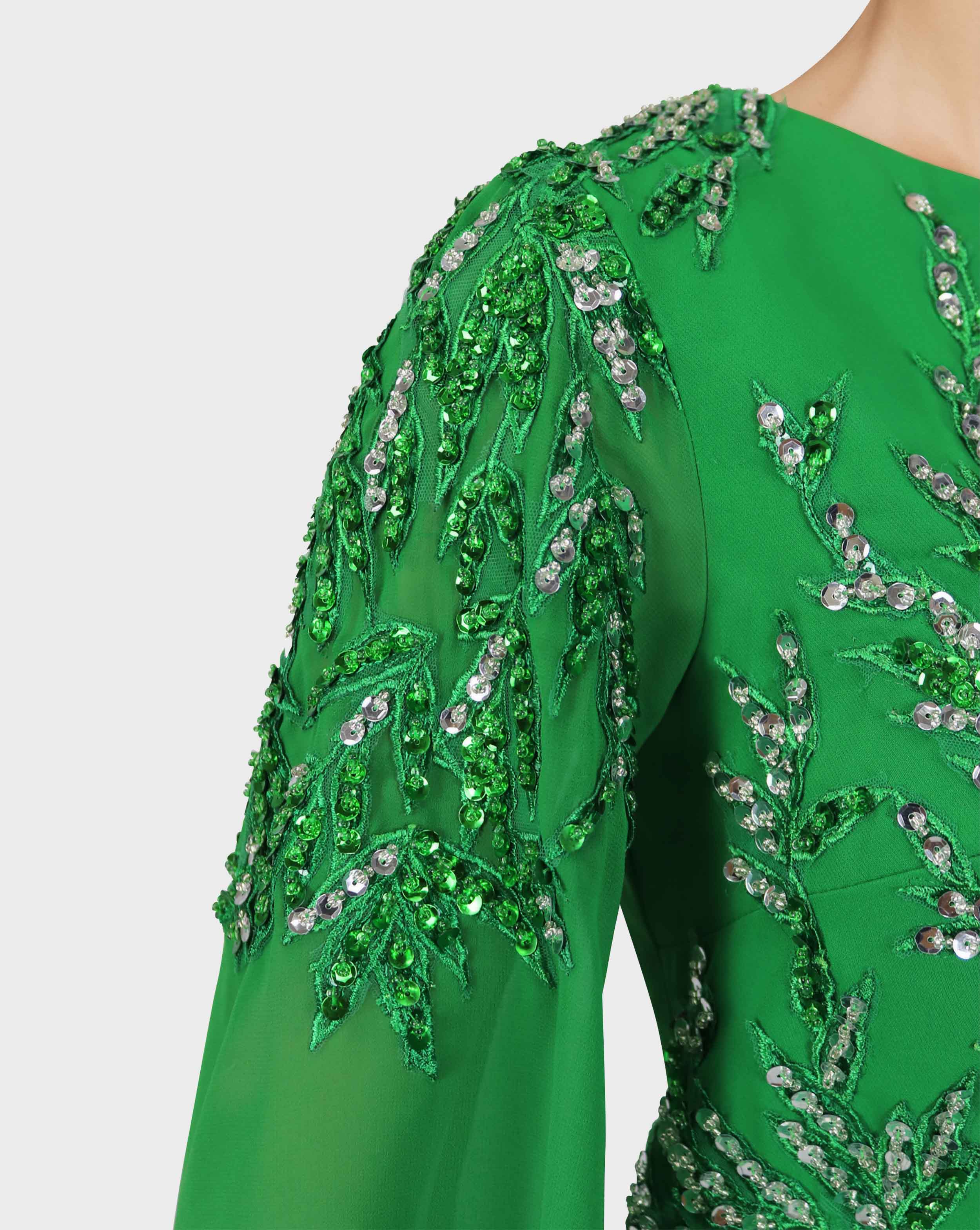 Sequined column dress with see-through/bell sleeves