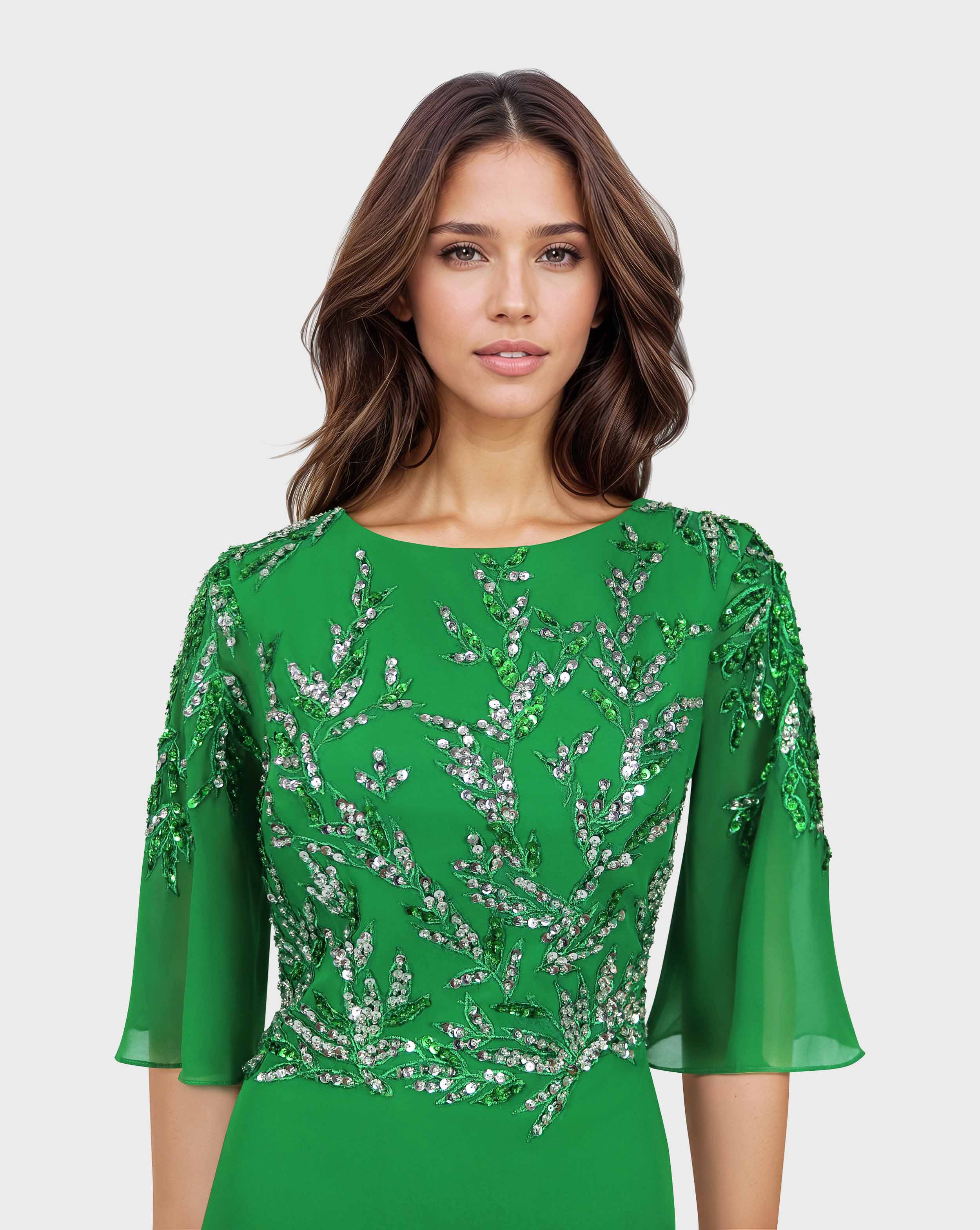 Sequined column dress with see-through/bell sleeves