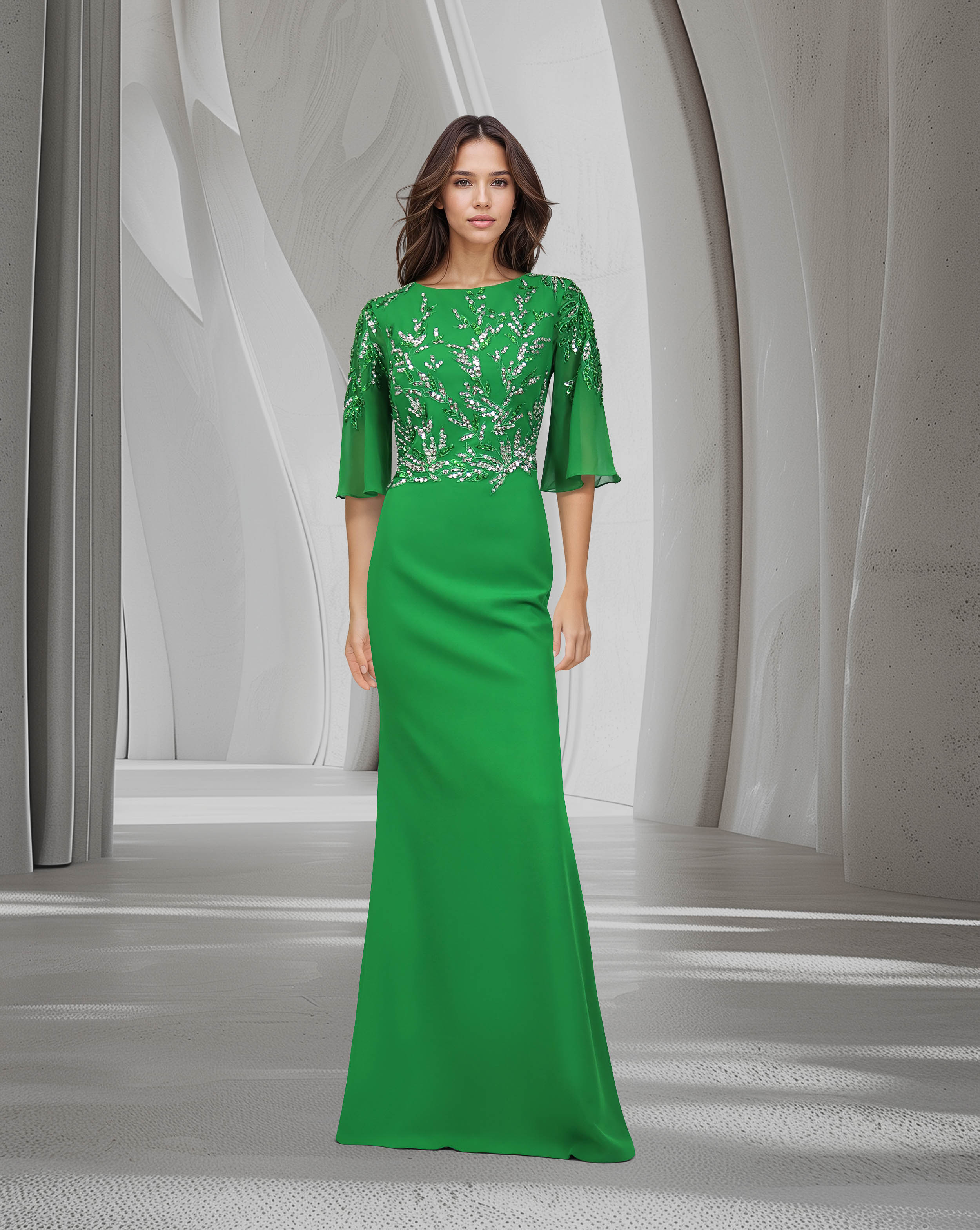 Sequined column dress with see-through/bell sleeves