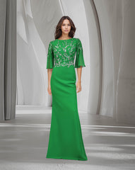 Sequined column dress with see-through/bell sleeves
