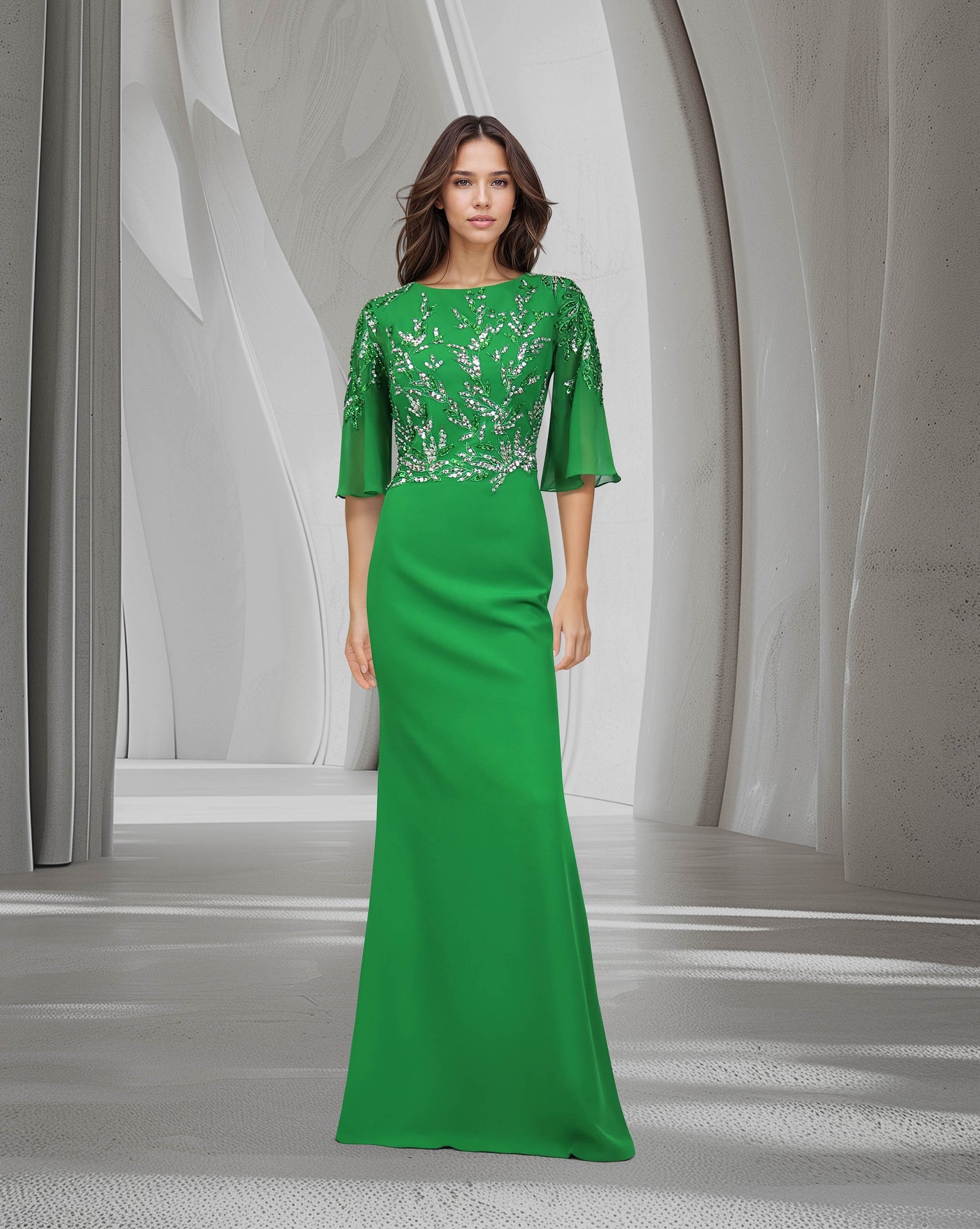 Sequined column dress with see-through/bell sleeves